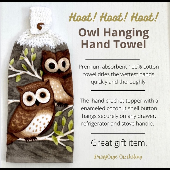 Owl Hanging Hand Towel / Brown / Handmade - Picture 1 of 3